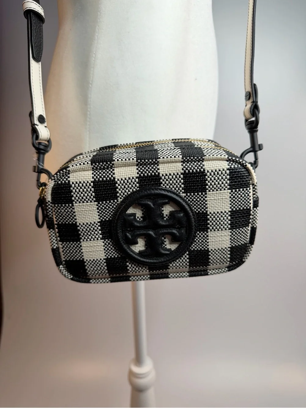 Tory Burch Perry Bombe Gingham Mini Bag Black & White  Crossbody.  NWT
